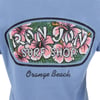 Blue t-shirt with Ron Jon Surf Shop, Orange Beach printed over a pink hibiscus and green leaf pattern.