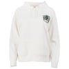 A plain white hooded sweatshirt with a front pocket and a small graphic logo on the left chest that reads Clearwater Beach.