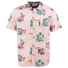 Short-sleeved pink Hawaiian shirt with tropical print featuring palm trees, toucans, pineapples, and flowers.