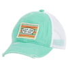 A green and white mesh baseball cap with a worn look. The front features a rectangular patch with Ron Jon Surf Shop text on a colorful striped background.
