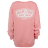 Back of a pink sweatshirt with a white Ron Jon Surf Shop, Ocean City, MD logo.