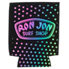 A black can coozie with colorful polka dots and a Ron Jon Surf Shop logo in rainbow gradient on the front.