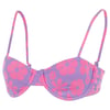 Purple and pink floral-patterned bikini top with adjustable straps and underwire cups.