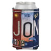 A beverage can in a coozie designed to look like a colorful license plate with the letters JON and various symbols including a sun, footprint, and dolphin.