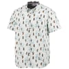 Short-sleeve shirt with a pattern of small surfers on a light blue and white background.