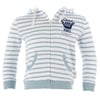 Light blue and white striped zip-up hoodie with front pockets, a hood with drawstrings, and Good Vibes text and graphic on the left chest.