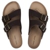 A pair of black sandals with two adjustable straps and metal buckles on brown footbeds, viewed from above.