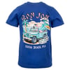 Blue t-shirt with a graphic of a car, palm trees, waves, and a surfboard. Text reads Ron Jon Surf Shop, Cocoa Beach, FLA.