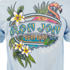 T-shirt design featuring flowers, plants, a flamingo, and the text Ron Jon Surf Shop Cocoa Beach.