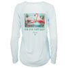 Light blue long-sleeve shirt featuring a graphic of flamingos, palm trees, and water with the text Greetings from Ron Jon Surf Shop Florida on the back.
