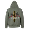 A green hoodie with a graphic on the back featuring a surfboard, palm trees, and the text Ron Jon Custom Surfboards Est. 1959.