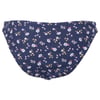 Navy blue bikini bottom with small white, pink, and yellow floral print on a white background.