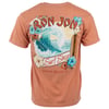 Back of a shirt featuring a Ron Jon Surf Shop design with a large wave, surfboard, and tropical flowers. Text reads Cocoa Beach, FL.