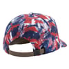 Back view of a colorful cap featuring a red, white, and blue abstract pattern, with a brown adjustable strap and a small buckle.