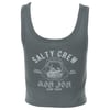 Gray tank top with Salty Crew and Ron Jon Surf Shop text. Features graphic of a large shark mouth and a ship. Words Thrill Seekers and Risk Takers are beside the graphic.