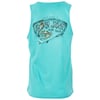 A turquoise sleeveless shirt with Ron Jon Surf Shop and Cocoa Beach, FL printed on the back, featuring a graphic of a crab holding a surfboard.