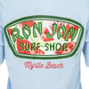 A Ron Jon Surf Shop logo with a watermelon pattern and Myrtle Beach written below in red script on a blue background.