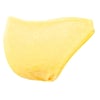 Yellow womens bikini bottom with a floral pattern. Angled view from behind.