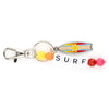 Keychain with colorful beads, alphabet blocks spelling SURF, a surfboard charm, and a metal clip.