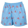 Light blue textured shorts with an elastic waistband, decorated with a repeating pattern of small red lobsters.