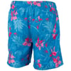 Blue swim trunks featuring a pink tropical floral pattern and a back pocket.