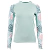 A light green long-sleeve rash guard with tropical leaf-patterned sleeves in shades of pink and green.