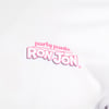 Close-up of a white shirt featuring the text party pants. RON JON in pink and purple font.