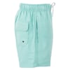 Aqua blue knee-length shorts with an elastic waistband and drawstring, featuring a side pocket with a flap on the left side.