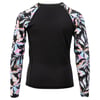 Back view of a black long-sleeve rash guard with colorful floral-patterned sleeves and shoulders.