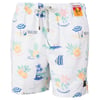 White swim shorts featuring colorful illustrations and text of tropical destinations like Malibu, California, Hawaii, and Florida, with beach-themed graphics and a drawstring waist.