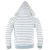 Back view of a white hooded sweatshirt with light blue horizontal stripes and solid light blue cuffs and waistband.