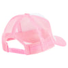 Rear view of a pink and white mesh trucker hat with an adjustable snapback closure.