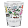 A clear glass featuring beach-themed illustrations, including a mermaid, turtle, flamingo, and surfboard, with the text Wanderer Collection.