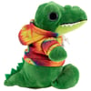 Green plush alligator toy wearing a colorful tie-dye hoodie, sitting upright and facing to the right.