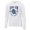 White long-sleeve hoodie with Ron Jon Surf Shop and a surfer graphic in blue.