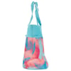 A turquoise and coral tote bag with a tropical leaf pattern, featuring long handles and a structured design.