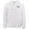White hoodie with a small Ron Jon Surf Shop logo on the left chest and a front pocket.
