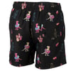 Black swim shorts featuring colorful dinosaur and pineapple patterns.