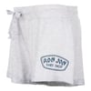 Gray shorts with a drawstring and embroidered Ron Jon Surf Shop logo in blue on one leg.
