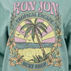 A sweatshirt features a colorful design with a palm tree, beach, and sunset. Text reads Ron Jon Tropical Escape Surf Shop, surrounded by flowers and leaves.
