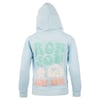 Light blue hooded sweatshirt with textured letters saying RON JON SURF SHOP, a flower, and a palm tree on the back.