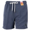 Blue drawstring swim shorts with a tag attached, featuring a pocket and metal-tipped laces.