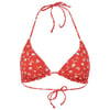 Red floral bikini top with tie closures at the neck and back, featuring small white and blue flowers on the fabric.