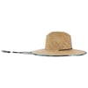 Wide-brimmed straw hat with a chin strap and a blue patterned underside, shown in a side view against a white background.