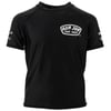 A black short-sleeve rash guard featuring the Ron Jon Surf Shop logo on the chest and small white graphics on both sleeves.