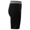 Side view of black compression shorts with a gray elastic waistband, designed for athletic activities.