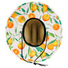 Wide-brimmed straw hat with an orange and leaf pattern on the underside, featuring an adjustable chin strap.
