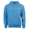 Blue hoodie with a front pocket and hood. Features a small printed logo on the upper left chest area.