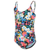 A brightly colored floral-patterned one-piece swimsuit with thin straps on a white background.