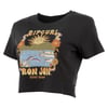 Black cropped t-shirt with Rip Curl Ron Jon Surf Shop graphic featuring sun, waves, and dolphins.